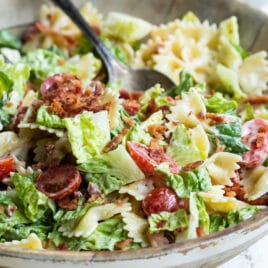 A bowl of BLT Pasta salad.