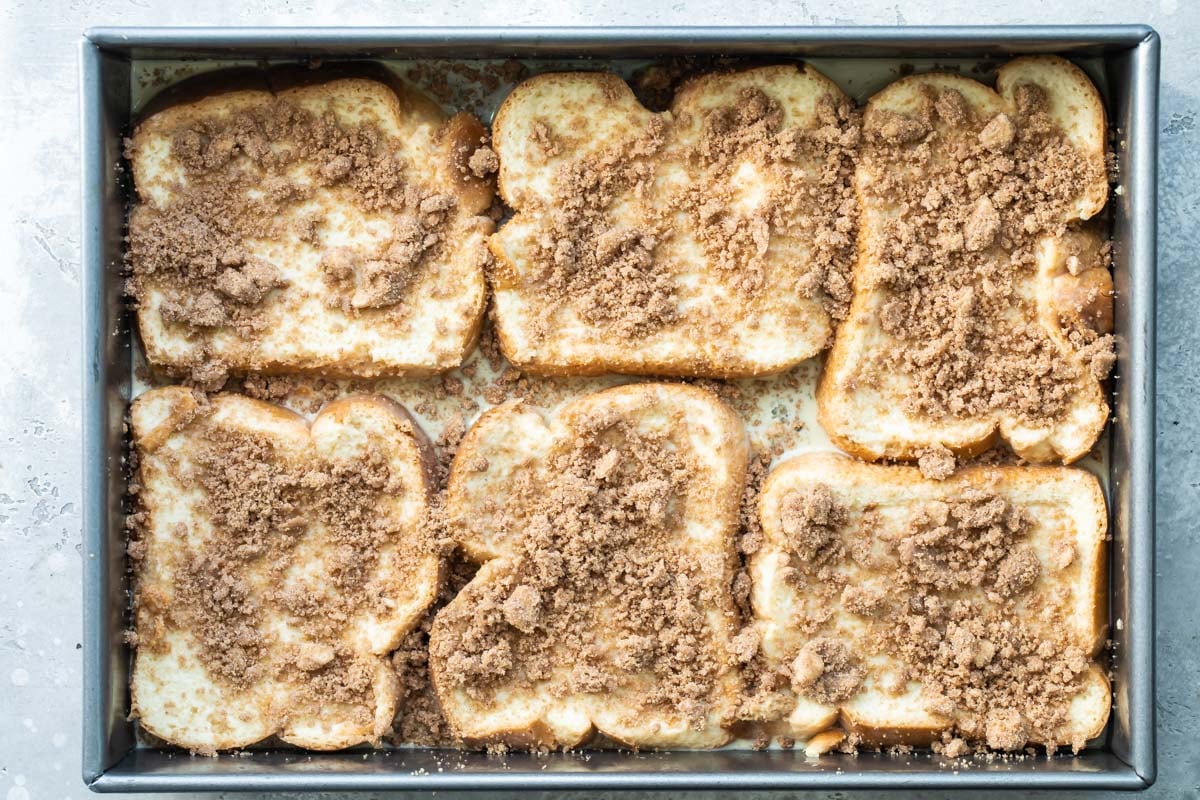 Baked french toast in a pan.