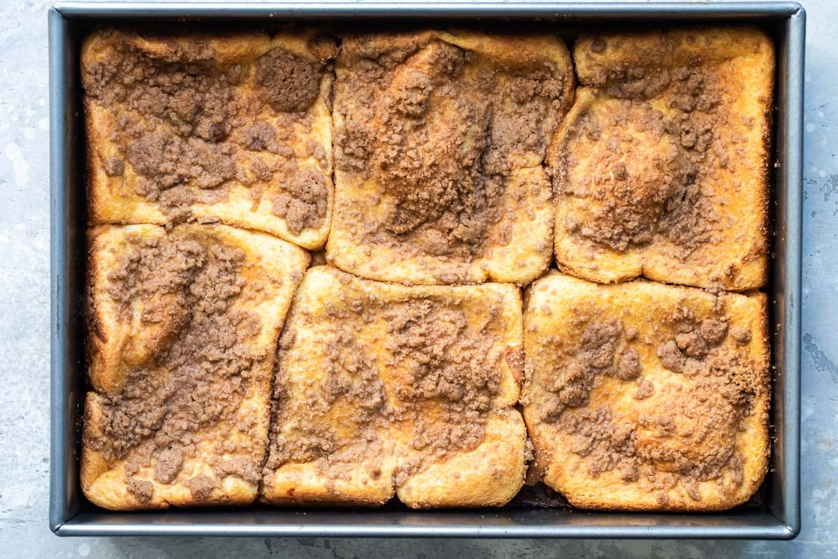 Baked french toast in a pan.