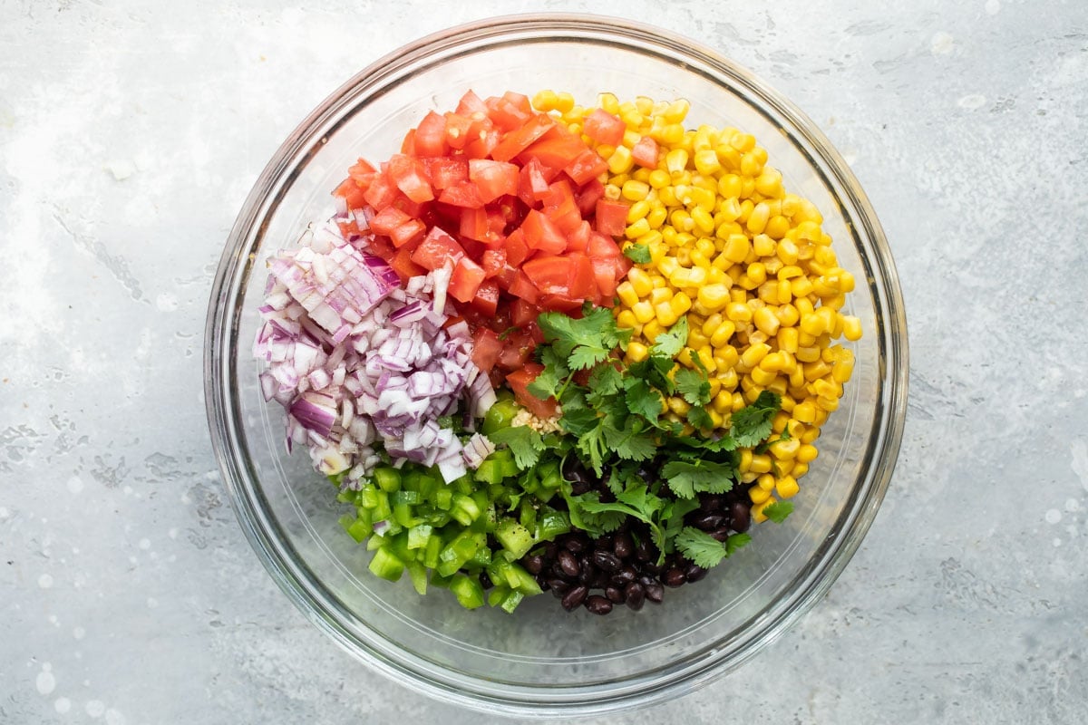 Black bean salsa ingredients in a bowl.