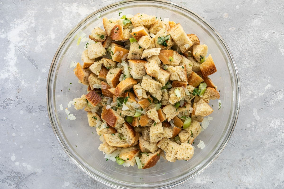 Bread stuffing in a bowl before baking.