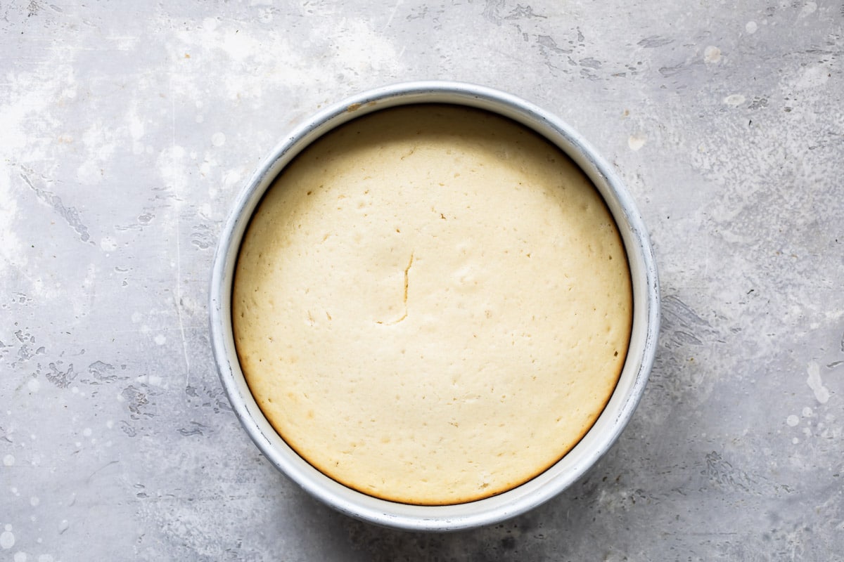 A round cake in a silver pan.
