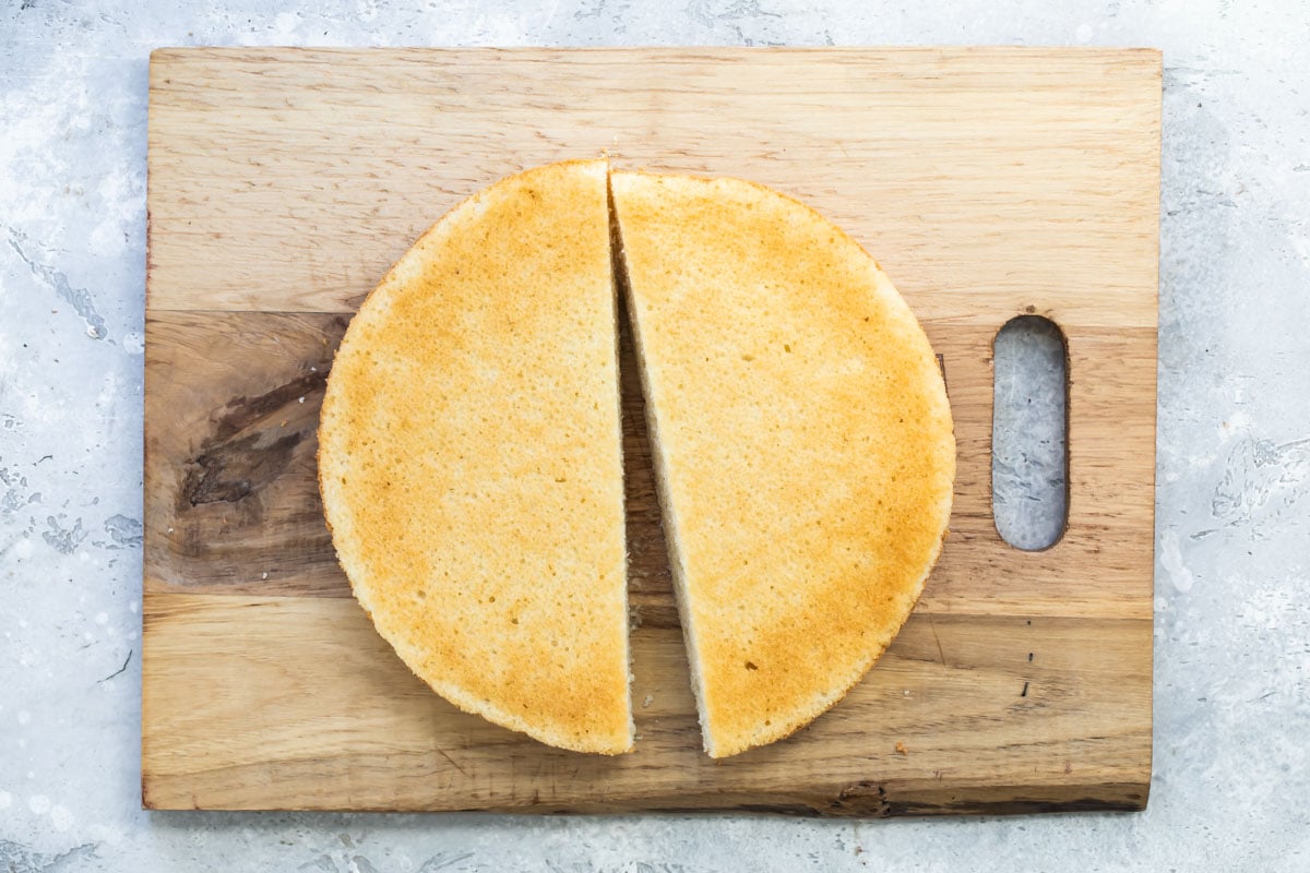 A round cake cut in half.