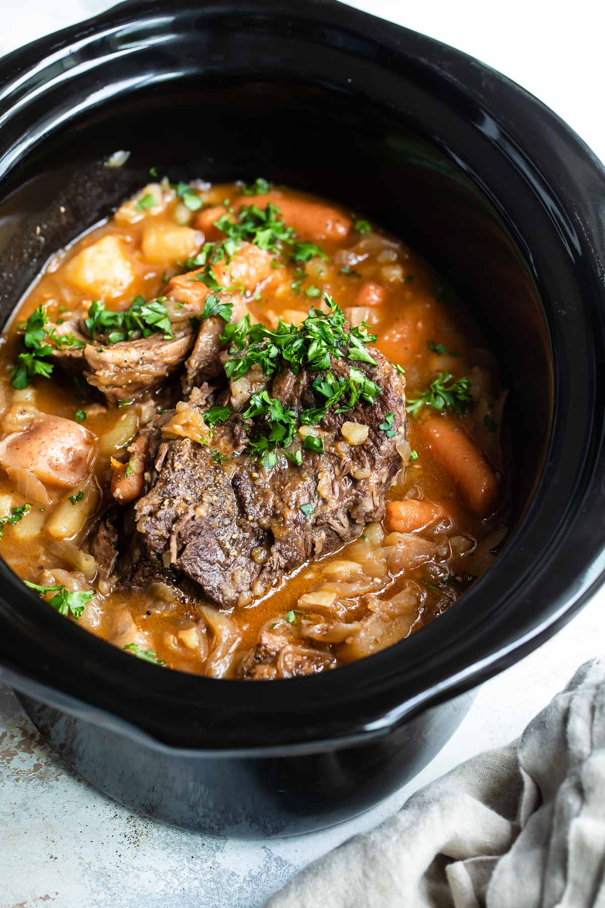Pot roast in a crock pot.