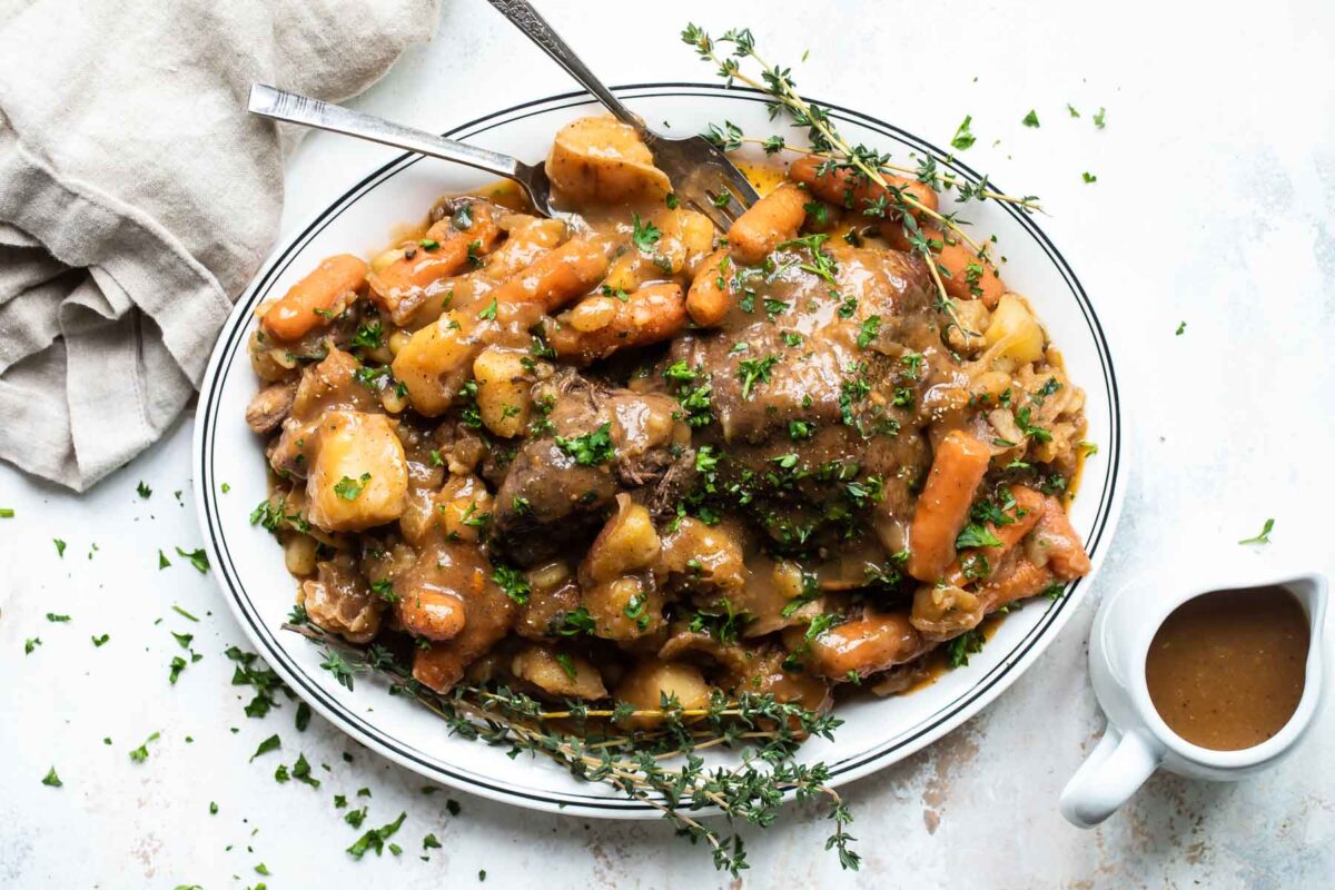 Pot roast and vegetables on a platter.