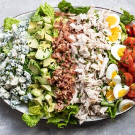 Cobb salad on an oval platter.