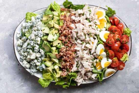 Cobb salad on an oval platter.