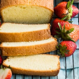 An angled shot of easy pound cake slices on a cooking rack.