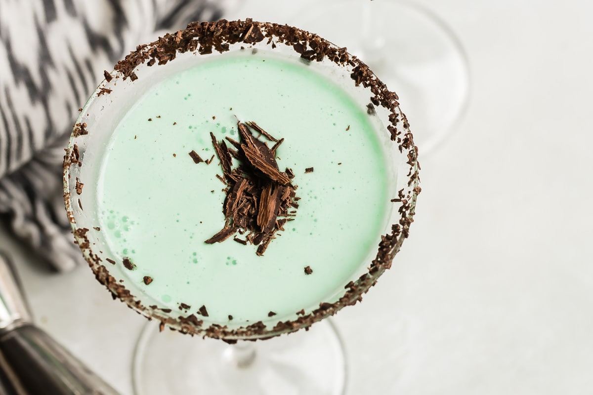 A grasshopper cocktail in a martini glass.