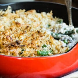 Green bean casserole in a baking dish.