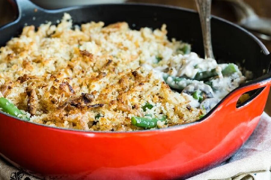 Green bean casserole in a baking dish.