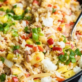A skillet full of Hawaiian fried rice.
