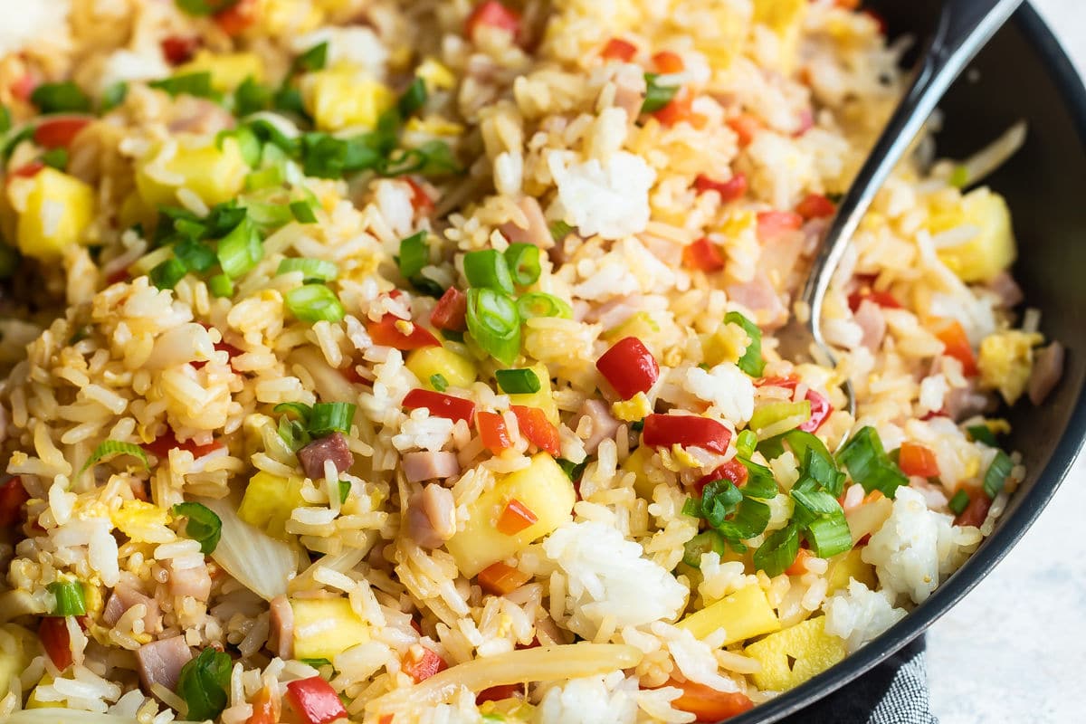 A skillet full of Hawaiian fried rice.