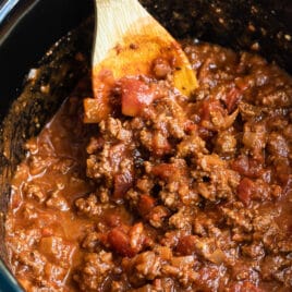 Hot dog chili in a crock pot.