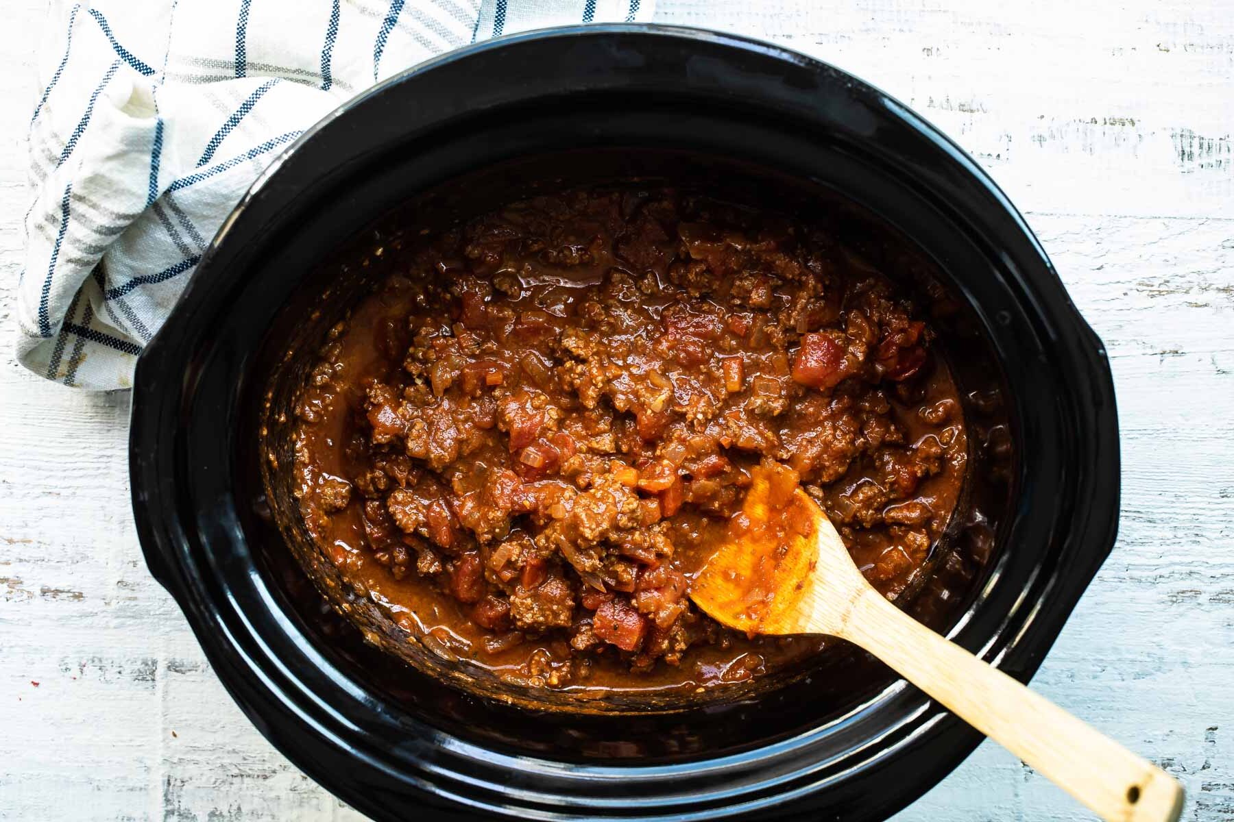 Hot dog chili in a crock pot.
