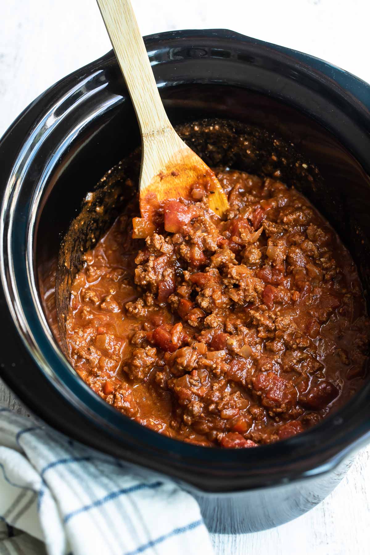Hot dog chili in a crock pot.