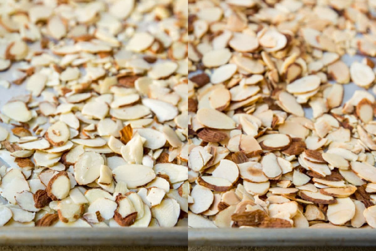 Sliced almonds before and after roasting.