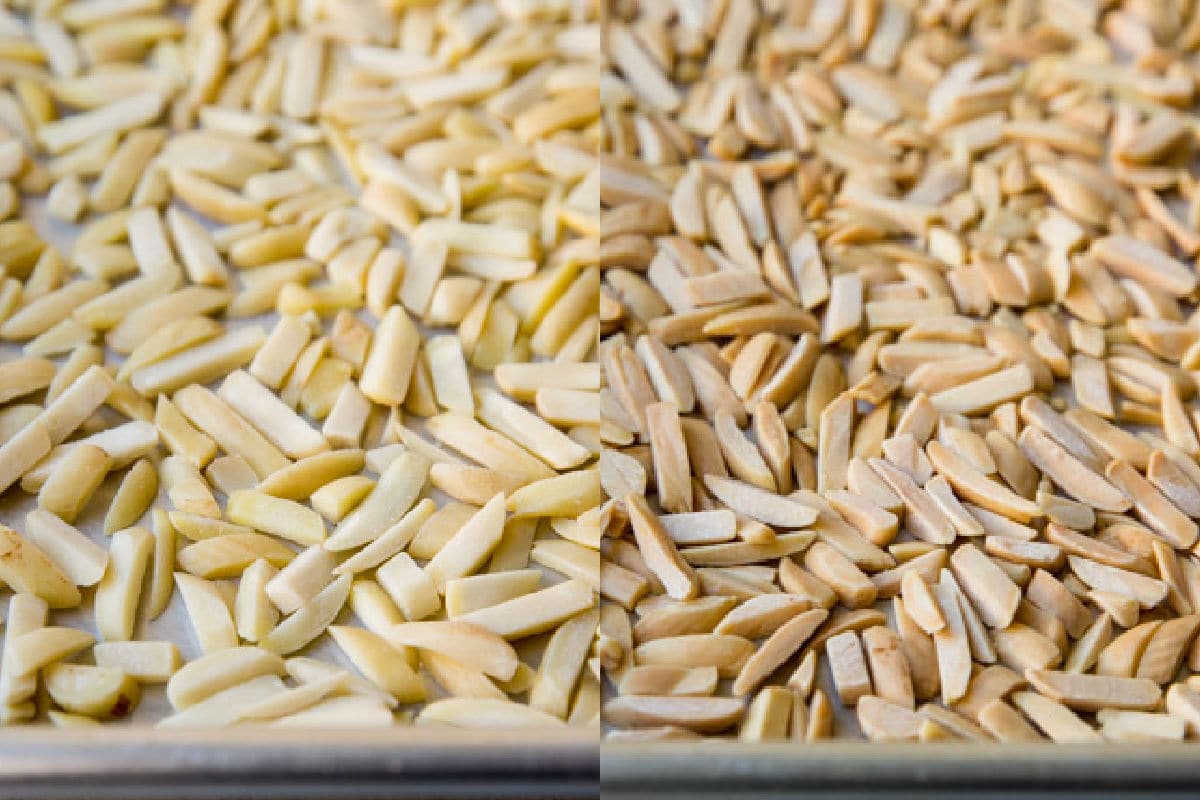 Slivered almonds before and after roasting.