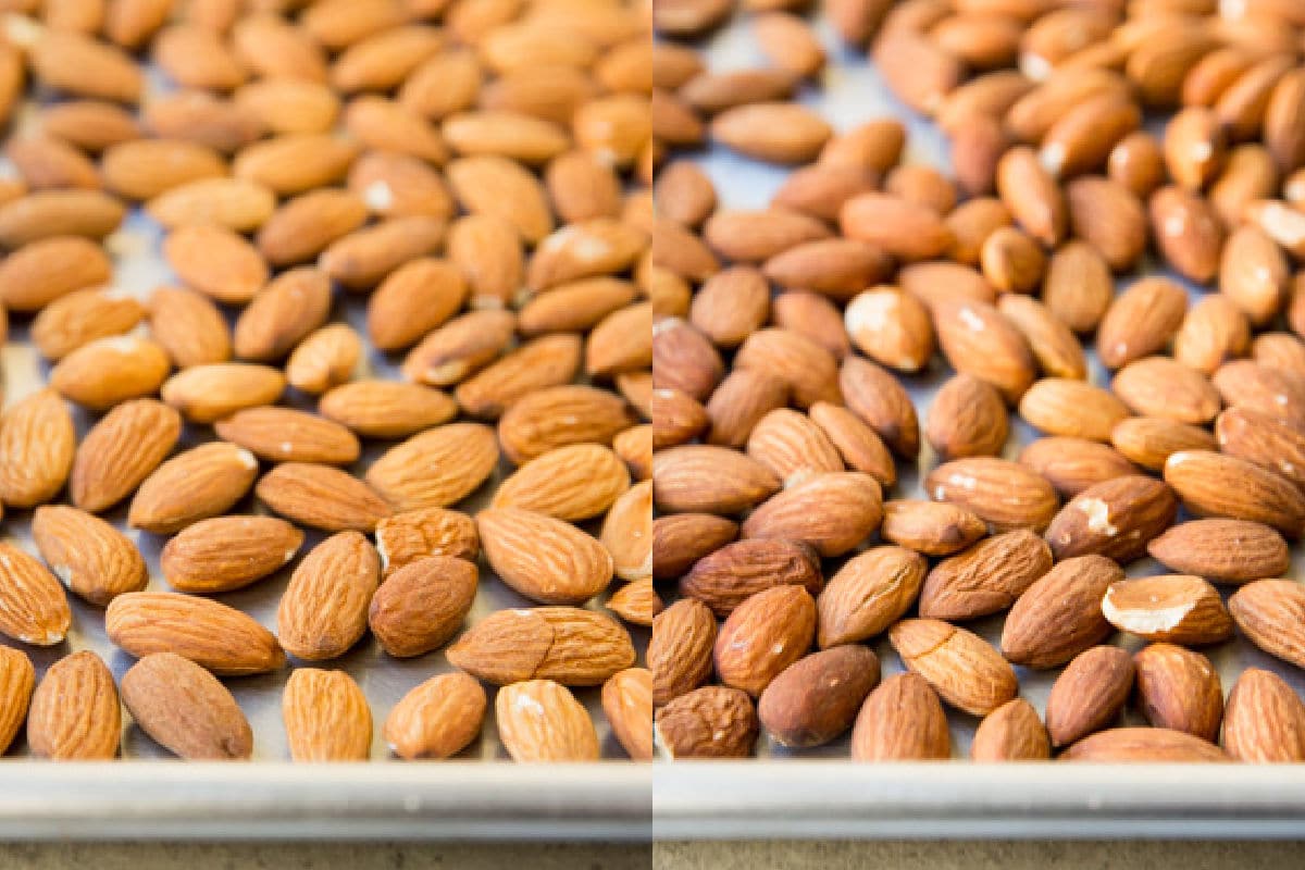 Whole almonds before and after roasting.