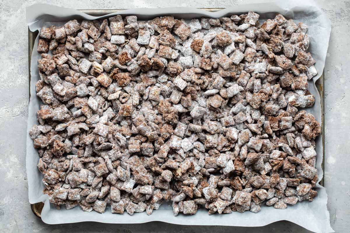 Puppy chow on a baking sheet.