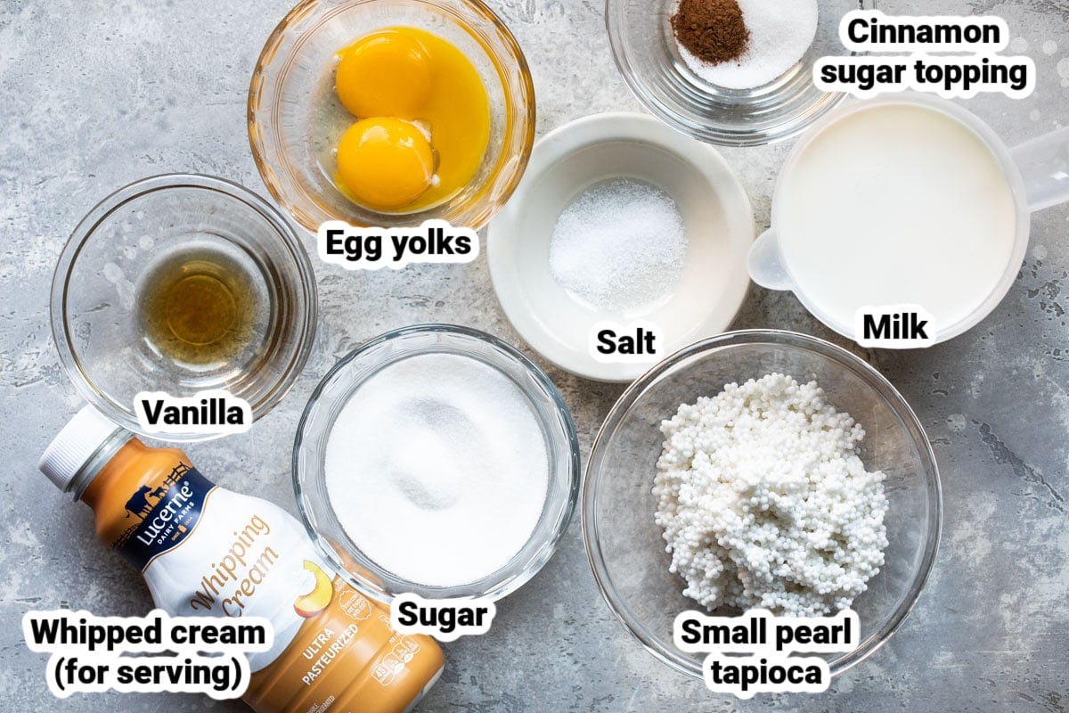 Labeled ingredients for tapioca pudding in various bowls.