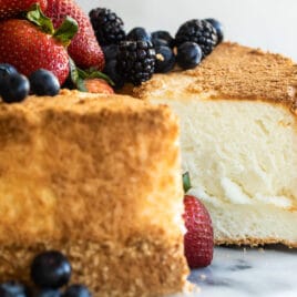 Angel food cake with fresh berries on top.