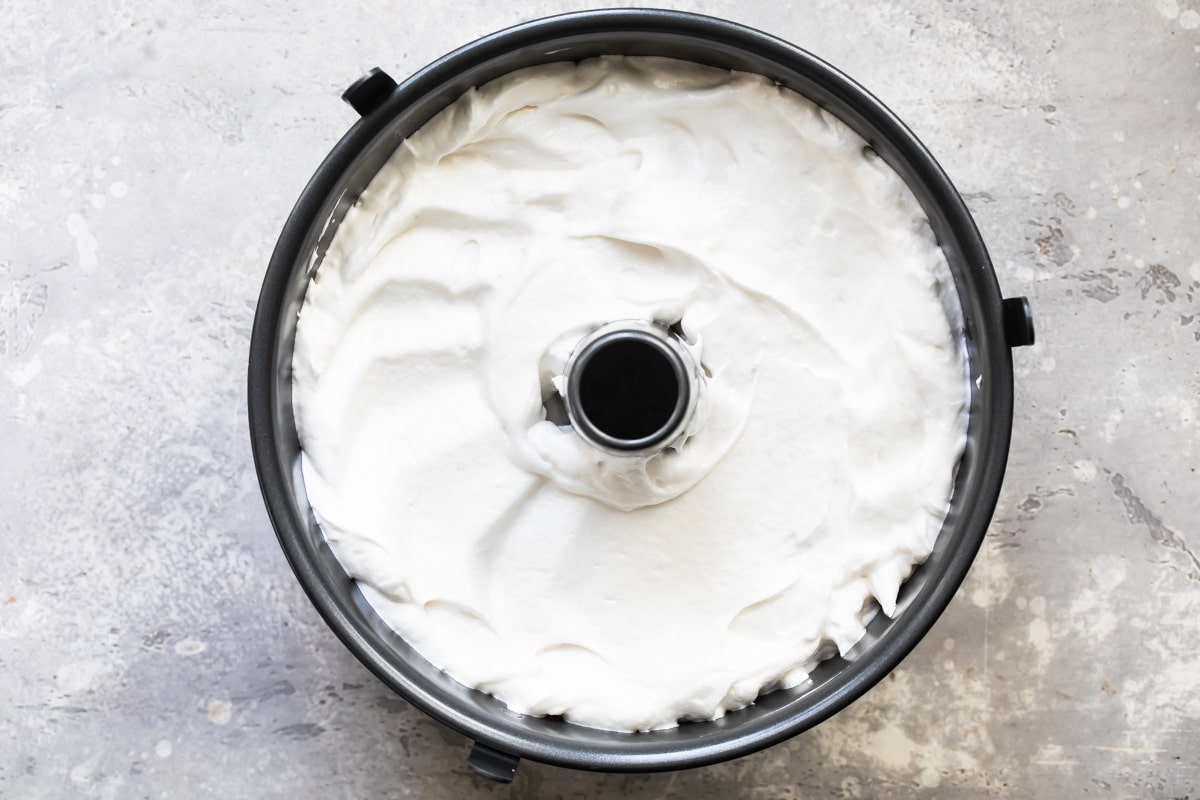 Angel food cake batter in an angel food cake pan.
