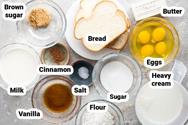 Labeled ingredients for baked french toast.