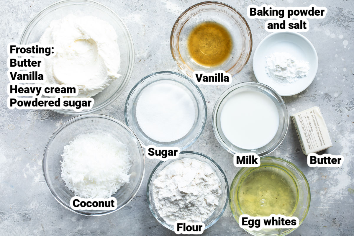 Labeled ingredients for bunny cake.