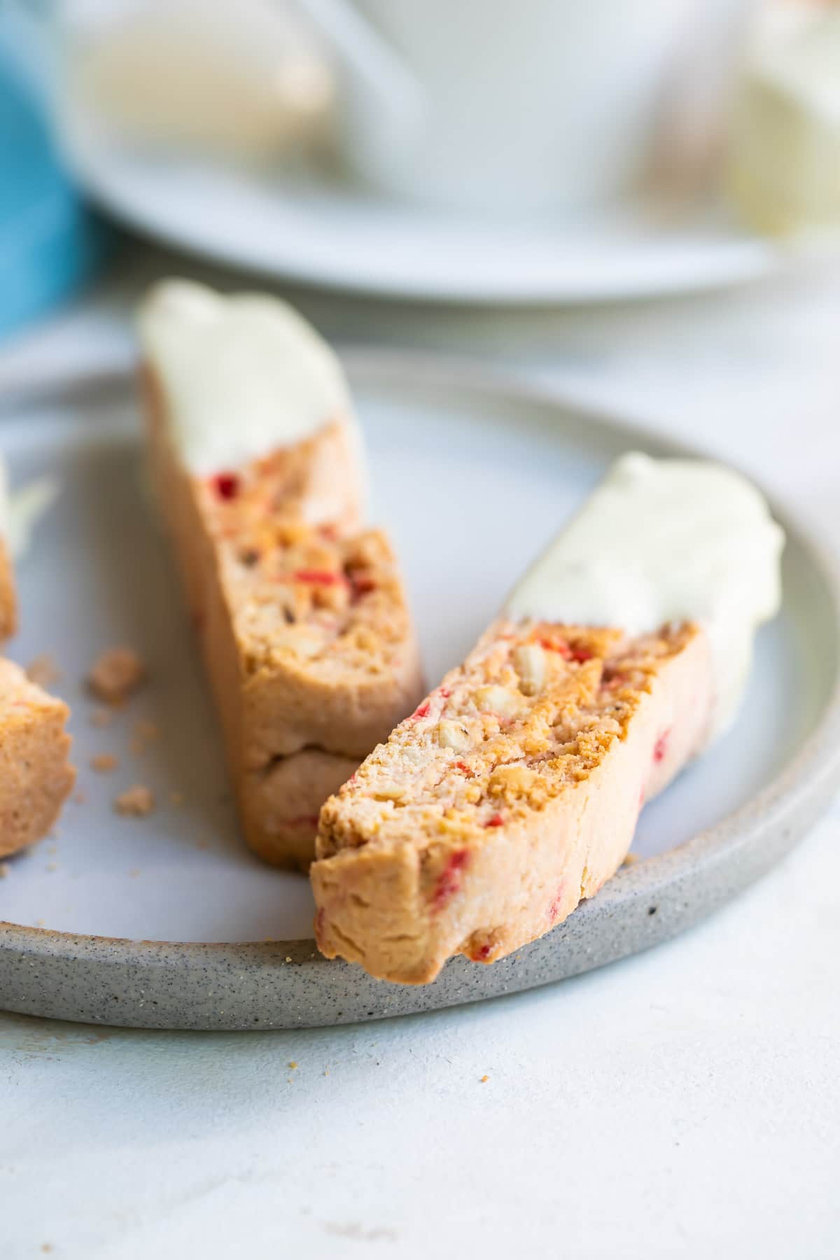 Cherry almond biscotti on a plate.