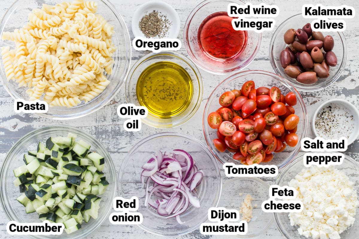Ingredients for Greek Pasta Salad.