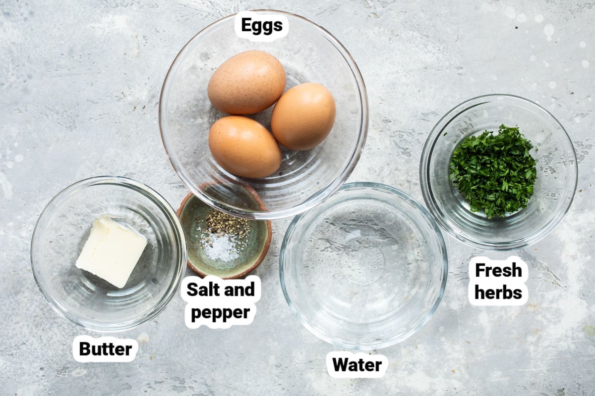 Labeled ingredients for how to make an omelet.