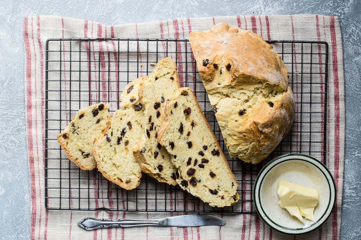 Slices of Irish soda bread on a cooling rack. 