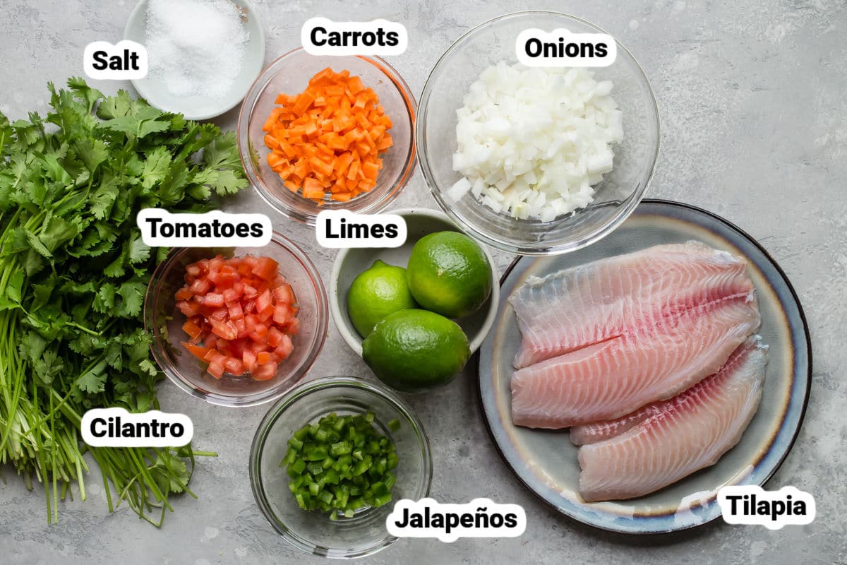 Ceviche ingredients in bowls.