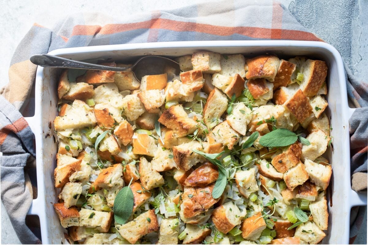 Baked bread stuffing in a baking dish.