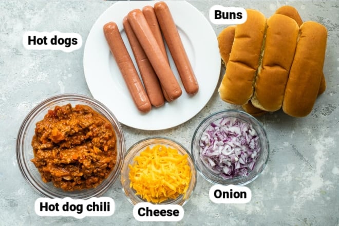 Labeled ingredients for chili dogs.