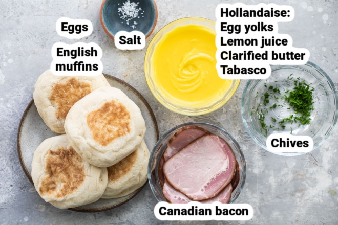 Labeled ingredients for eggs benedict.