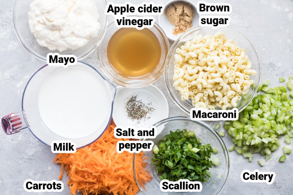 Labeled ingredients for Hawaiian macaroni salad.