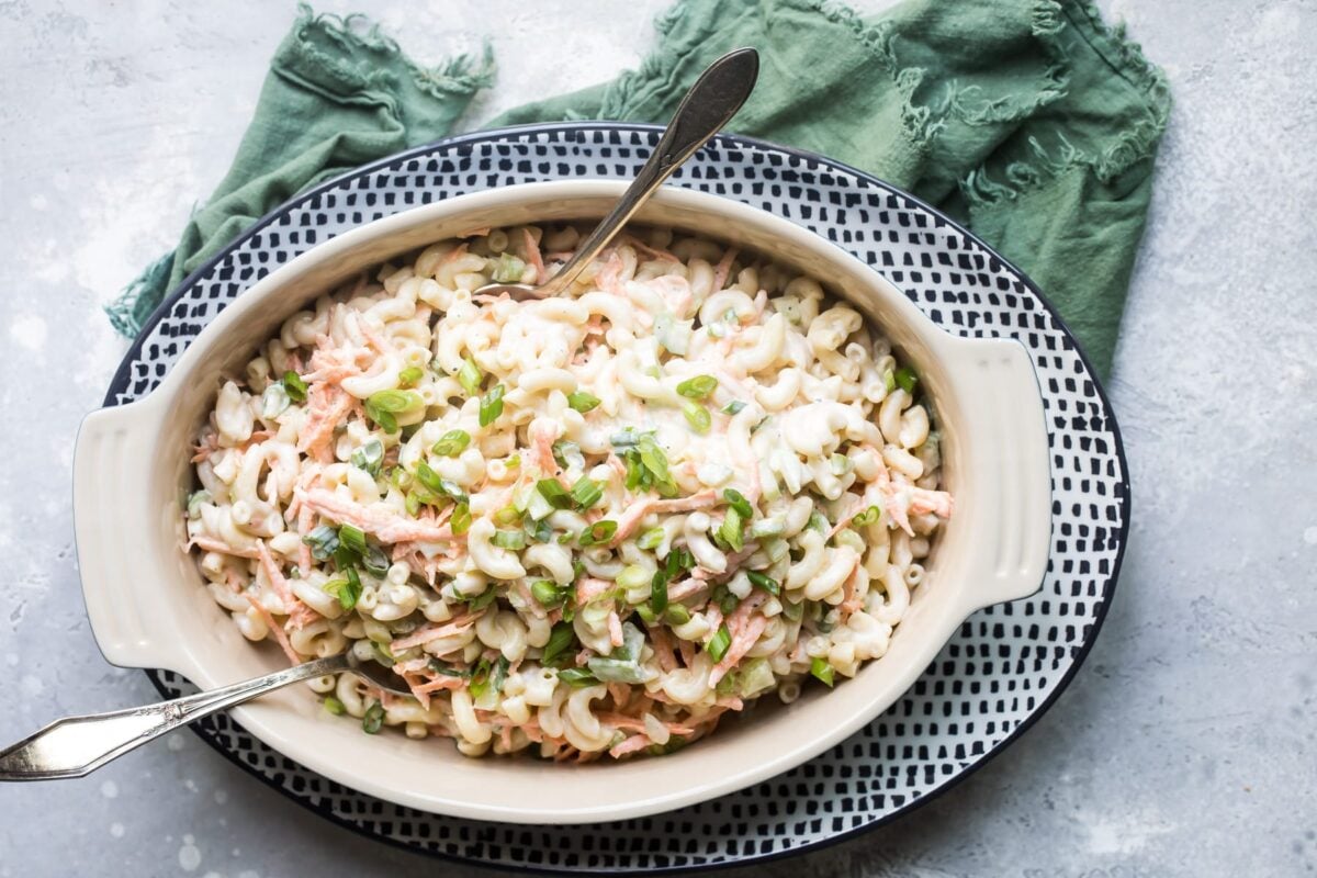 Hawaiian macaroni salad in a blue serving dish.