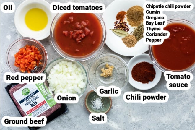 Labeled ingredients for hot dog chili.