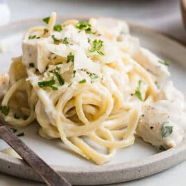 Two plates of chicken alfredo.