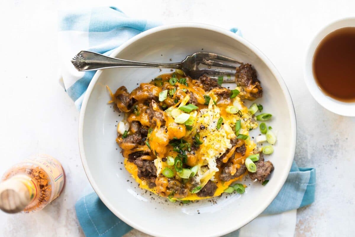 Sausage hash brown casserole in a bowl.