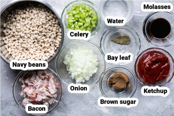 Labeled ingredients for slow cooker baked beans.