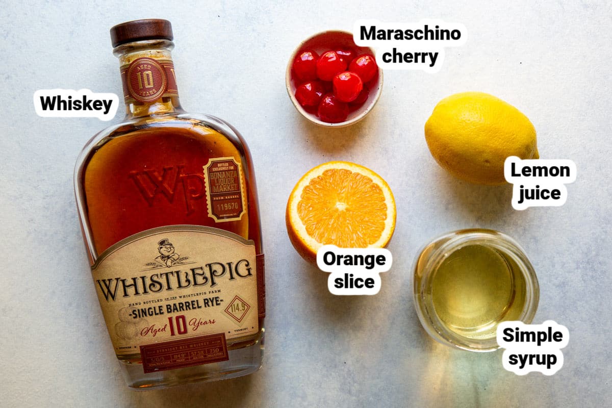 Labeled whiskey sour ingredients.
