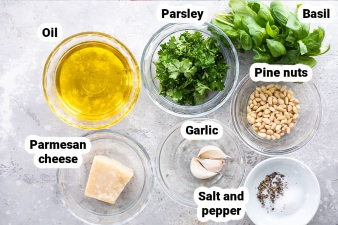 Labeled ingredients for basil pesto