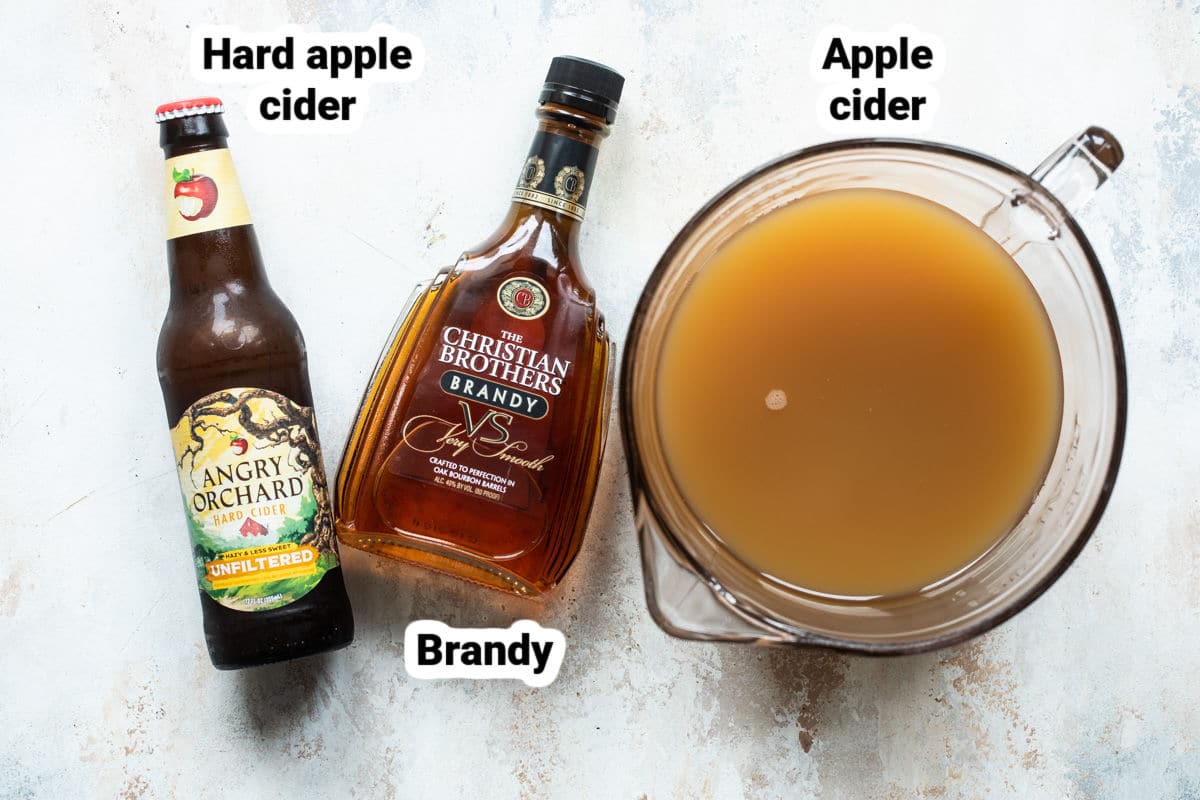 Labeled ingredients for brandy apple cider slush.