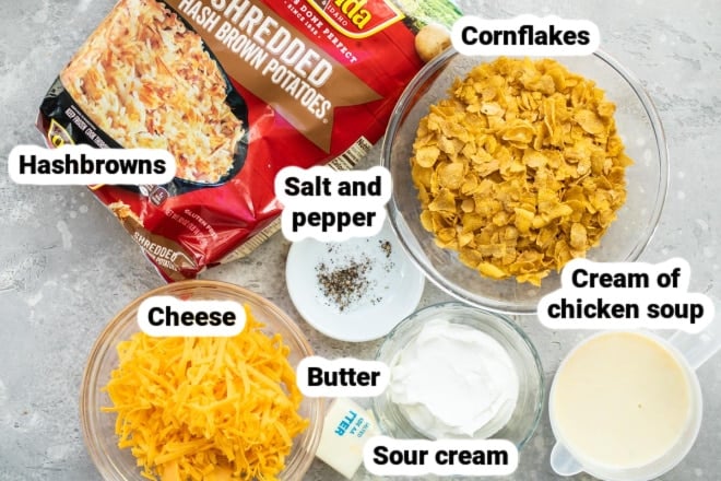 Labeled ingredients for cheesy potato casserole