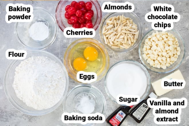 Labeled ingredients for cherry almond biscotti