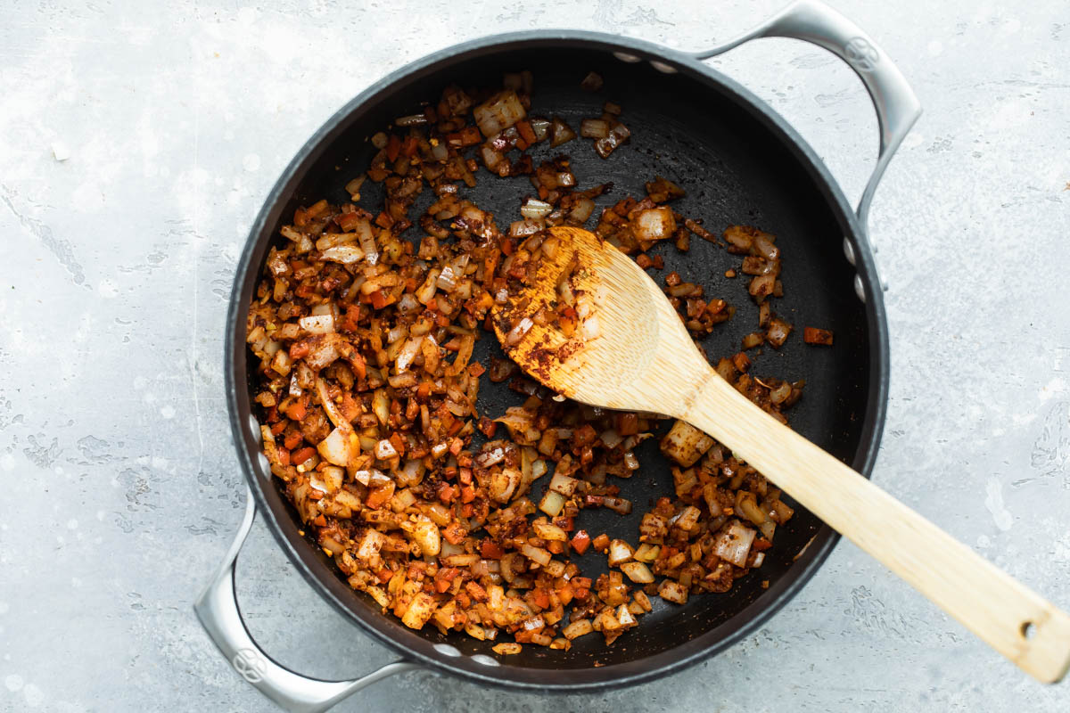 Hot dog chili in a saucepan.
