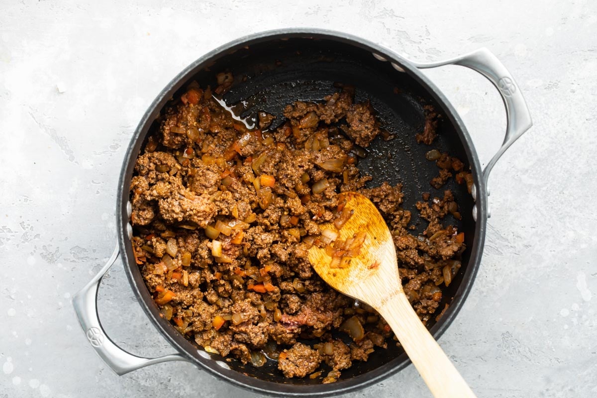 Hot dog chili in a saucepan.